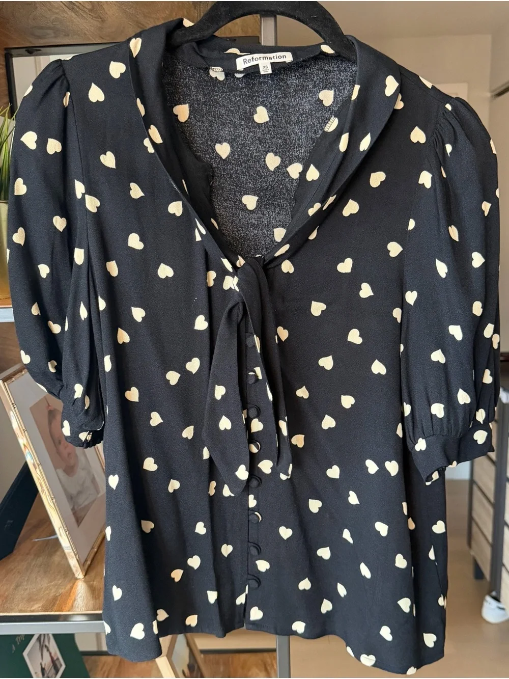 Reformation Black Heart-Print Tie-Neck Blouse